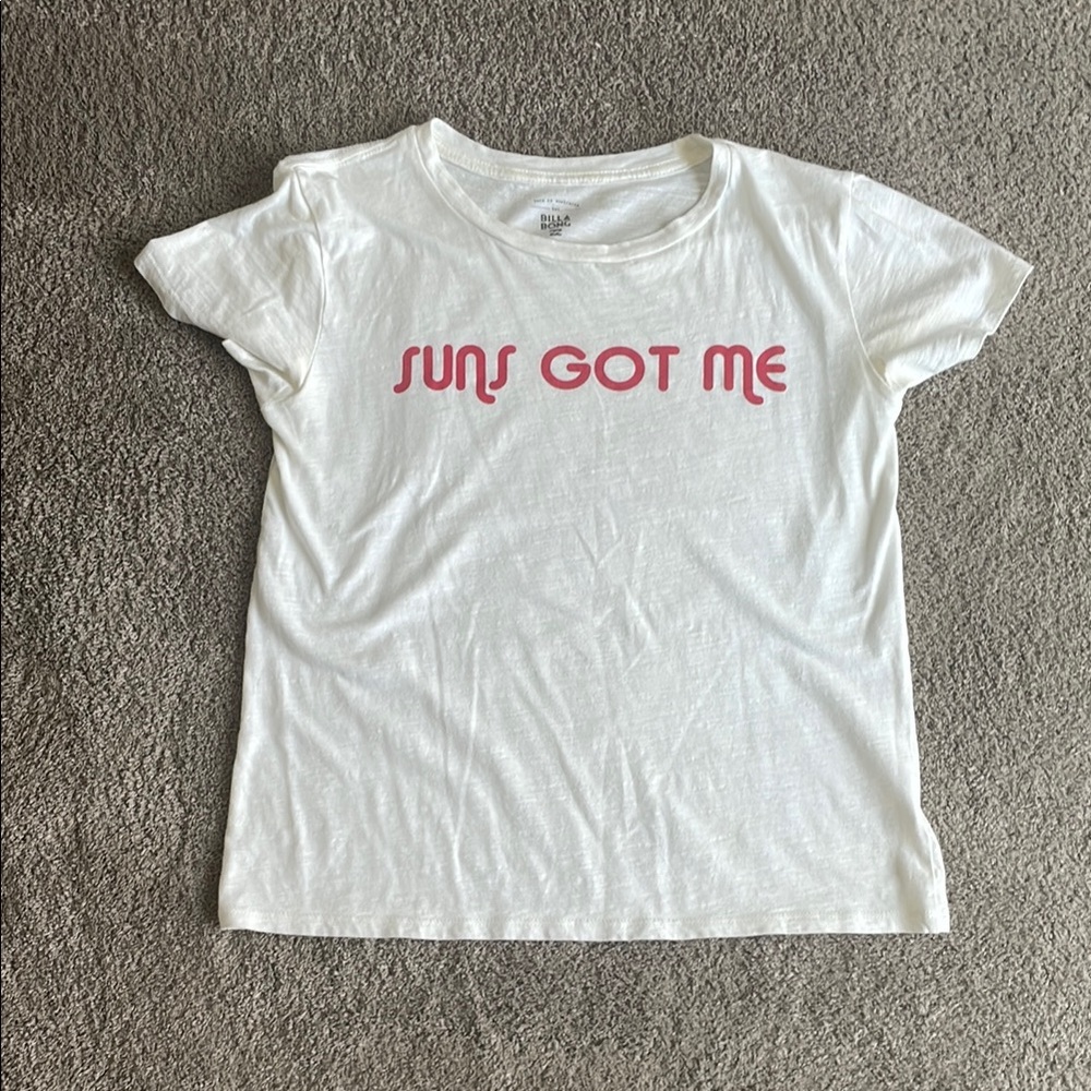 Billabong White Tee with Pink "Suns Got Me" Graphic